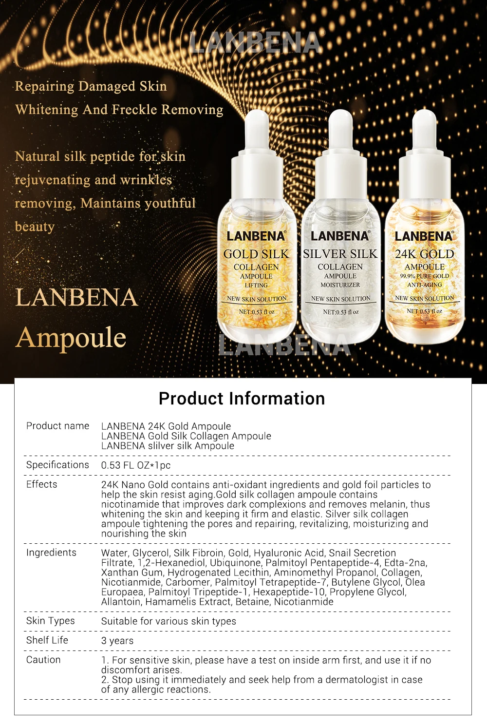 LANBENA 24K золото+ серебро шелк+ золото шелк ампула коллагена Сыворотка против старения осветление пятен увлажняющий отбеливающий укрепляющий уход за кожей