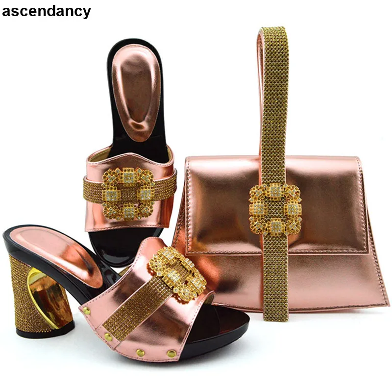 Latest African Wedding Italian Shoe and Bag Sets Decorated with Rhinestone Plus Size Shoes Women Heel Elegant Crystal | Обувь