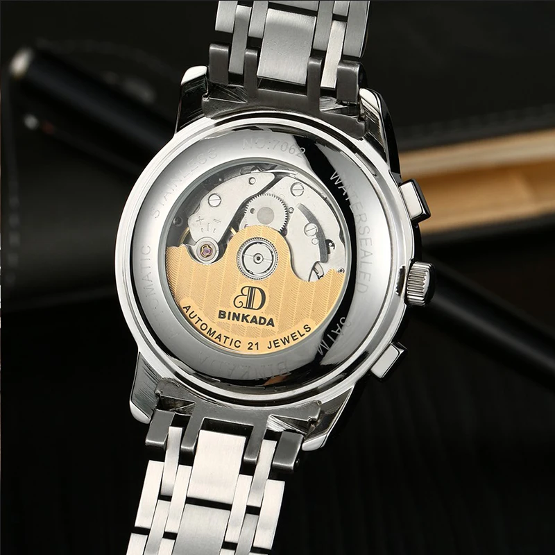 BINKADA часы мужские Relogio Masculino Механические Часы стальные водонепроницаемые