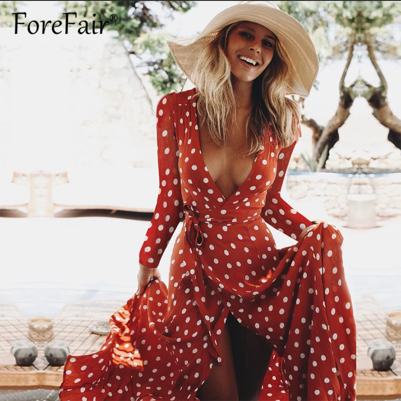 Forefair красное женское длинное Макси платье в горошек 2018 летнее пляжное стиле бохо