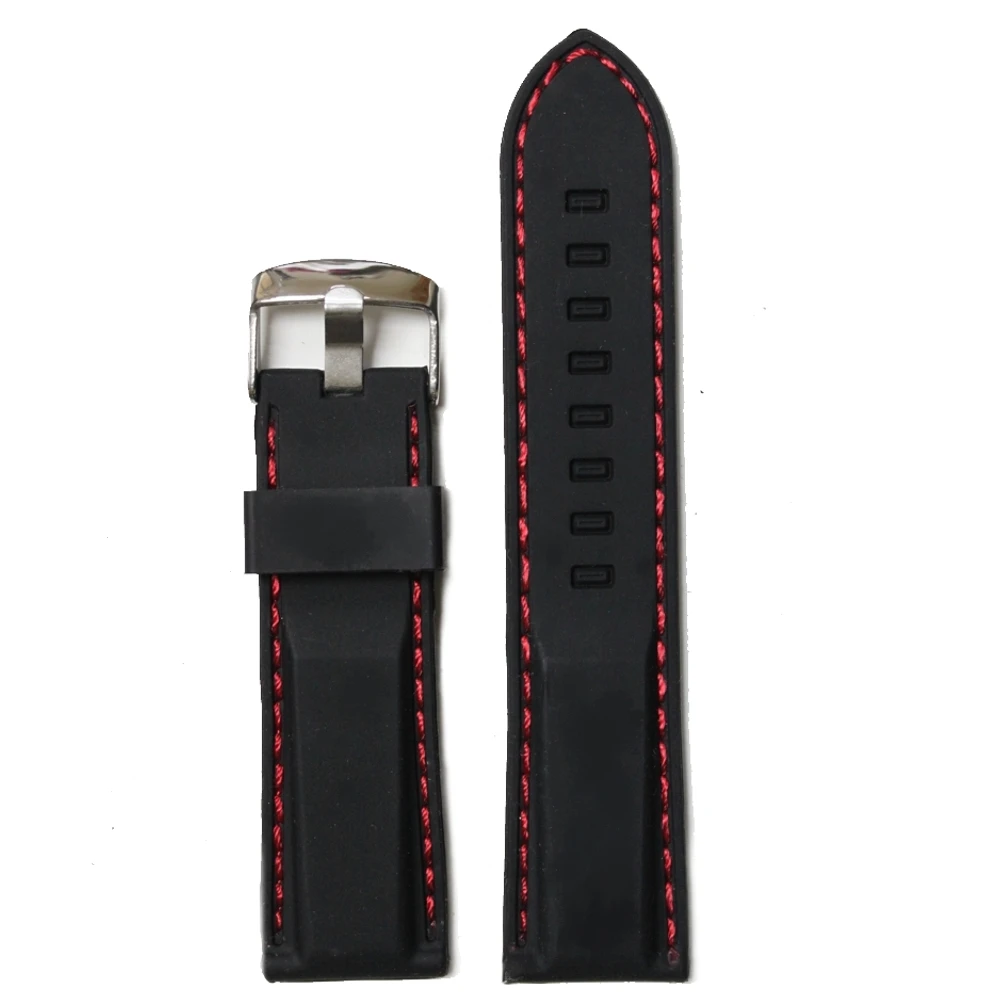 

24mm Sport Black Silicone Red stitches Ladies Watch Band Straps WB1021A24JB