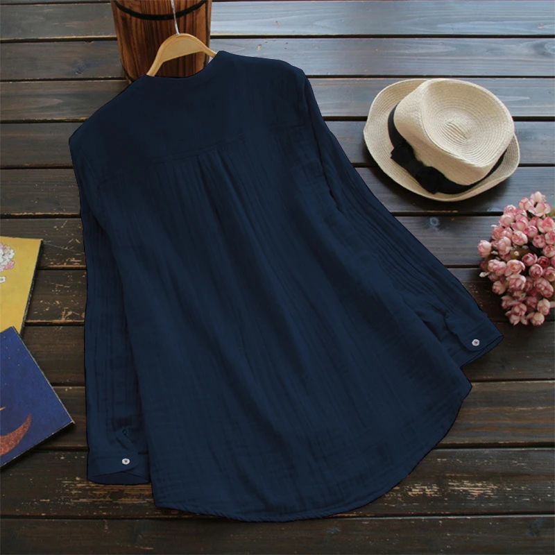 New solid color wild stand collar shirt cotton V-neck long-sleeved T-shirt | Женская одежда