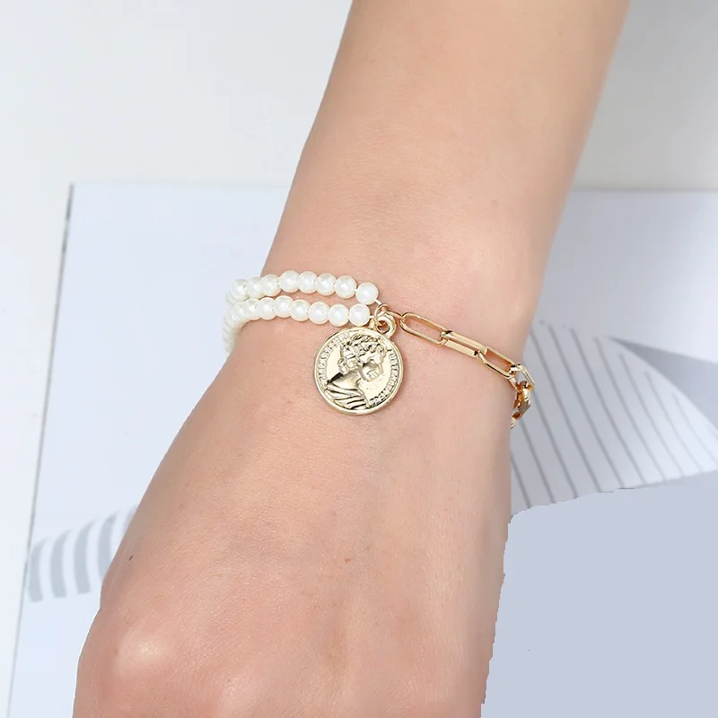 Find Me New Brand Fashion Vintage Imitation Pearl Bracelet Boho Double Big Coin Bangle &amp For Women Jewelry Wholesale | Украшения и