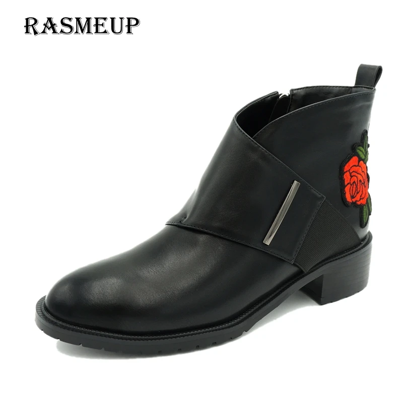 RASMEUP/распродажа женские ботинки Челси с вышитыми цветами модная кожаная обувь на