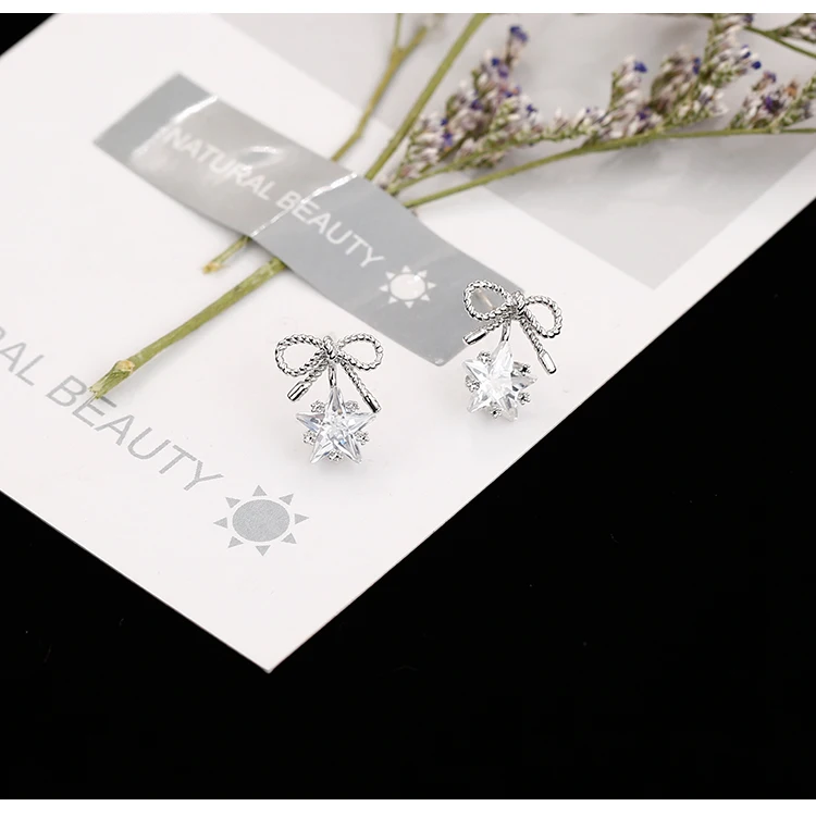X-Jue 2018 Elegant 925 Sterling Silver Bowknot Star Dangle Earrings Sparkling Trendy Drop Women Fashion Jewelry Gifts | Украшения и