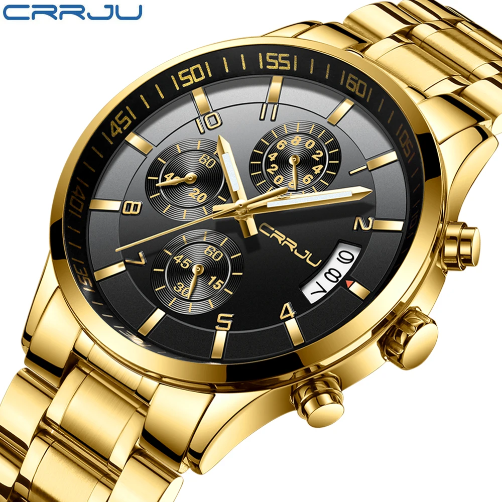 

CRRJU High Quality Chronograph Men Casual Business Watch Waterproof Gold Black Full Steel Men's Quartz Watch Relogio Masculino