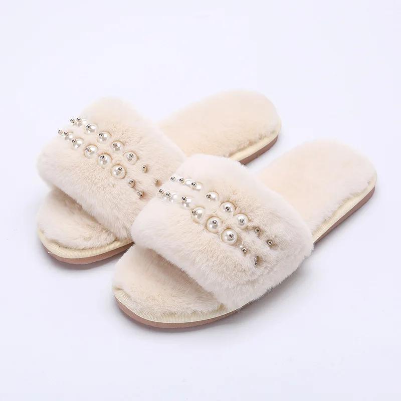Beige A Женские тапочки из плюша и хлопка с искусственным мехом; Сезон Зима; Теплая обувь без застежки; нескользящая обувь на плоской подошве; женская домашняя обувь; сезон весна-осень - Цвет: Beige A