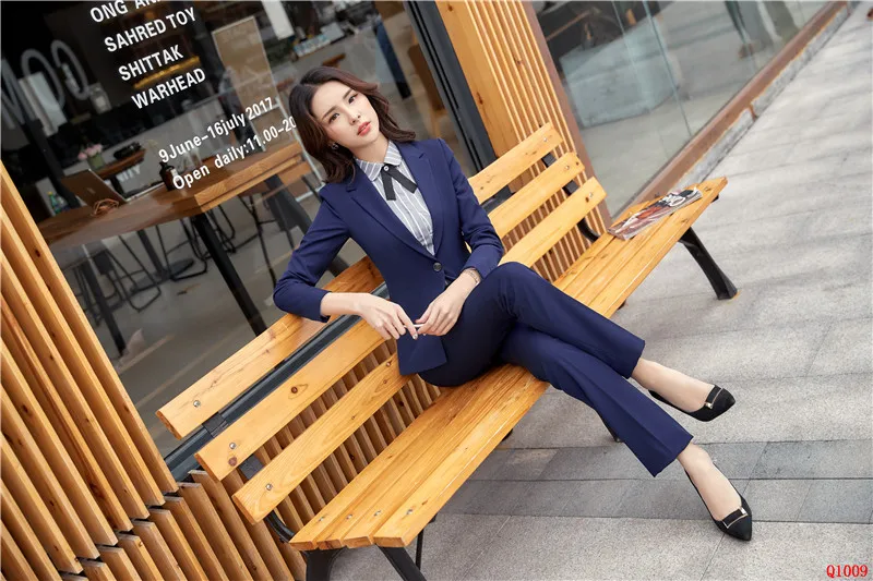 2018 новый стиль темно-синие Формальные брючные костюмы женские деловые блейзеры с