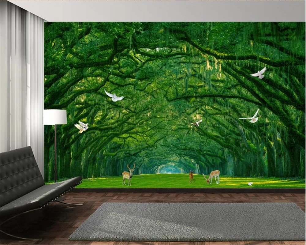 3D обои Beibehang на заказ с примитивным лесом фотообои голубь зеленое дерево олень