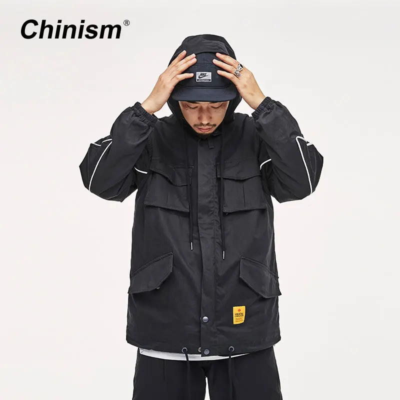 CHINISM Мульти Карманы Bullseye печатных куртка с капюшоном мужской свободные уличная
