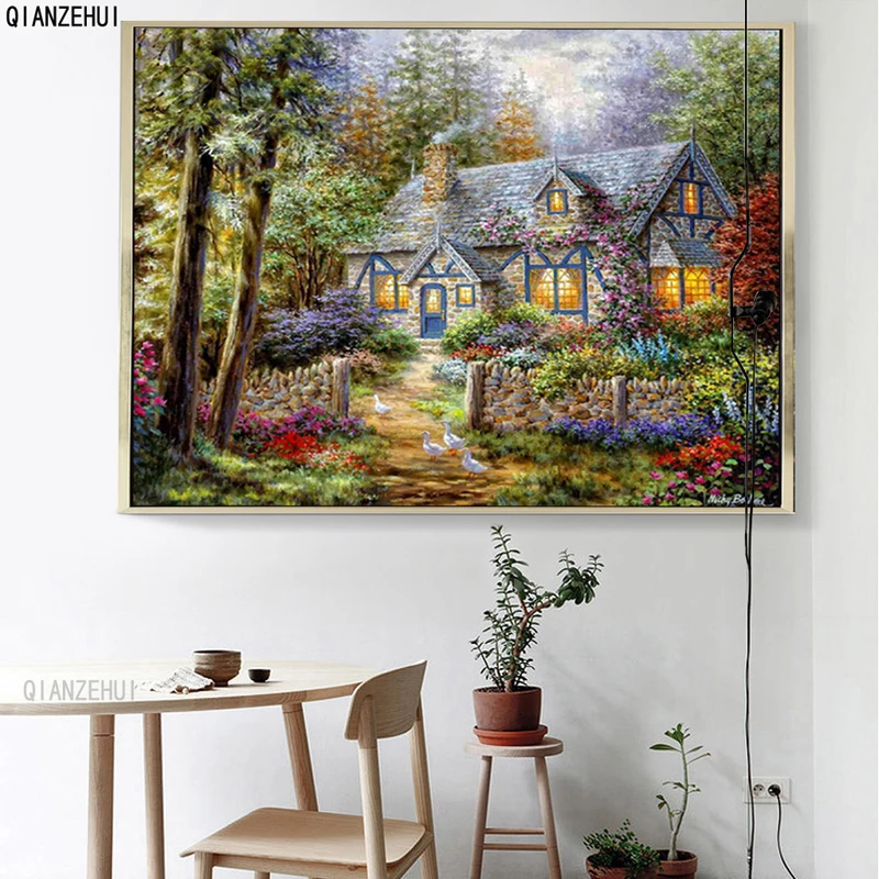 Стразы DIY пластиковые поделки картина деревня дом вид квадрат алмазная живопись