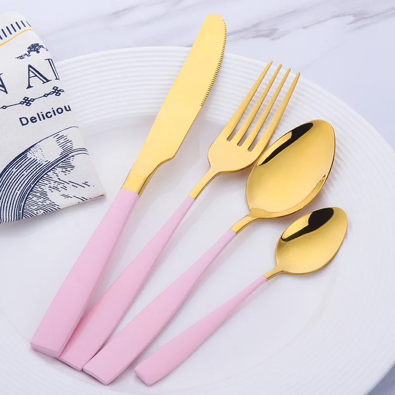 Pink Handle 4 шт. западное Золото 10 цветов нержавеющая сталь черный столовая посуда комплект из розового золота столовый набор из вилок нож Совок свадебный набор серебряных изделий - Цвет: Pink Handle