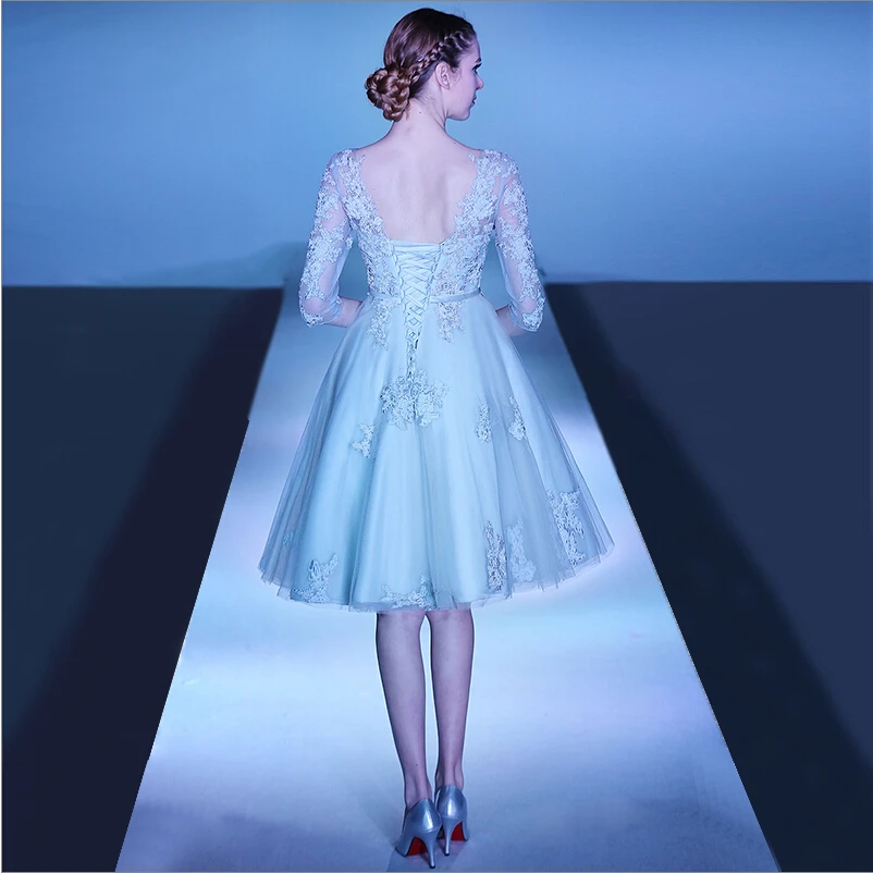 Real Photo YRE24 Robe de Soiree Lace Appliques 3/4 Sleeves Light Blue Short Evening Dress | Свадьбы и торжества