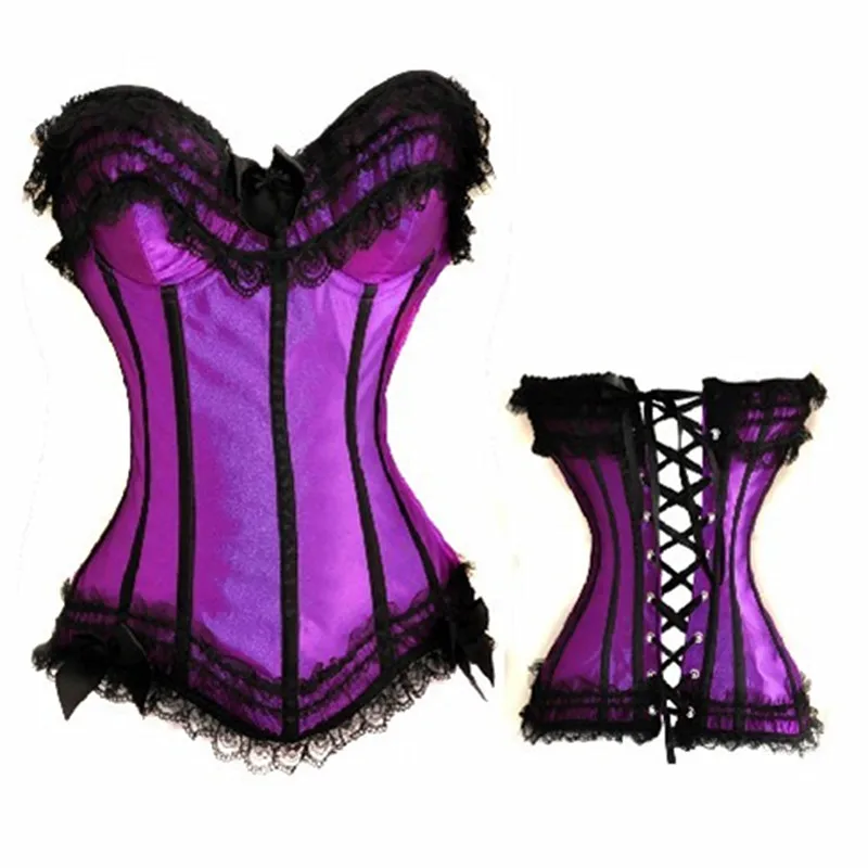 

Sexy Satin Lace up Boned Overbust Corset and Bustier with Lace Trim Showgirl Stripe Lingerie Bodyshaper Shapewear Waist Corsets