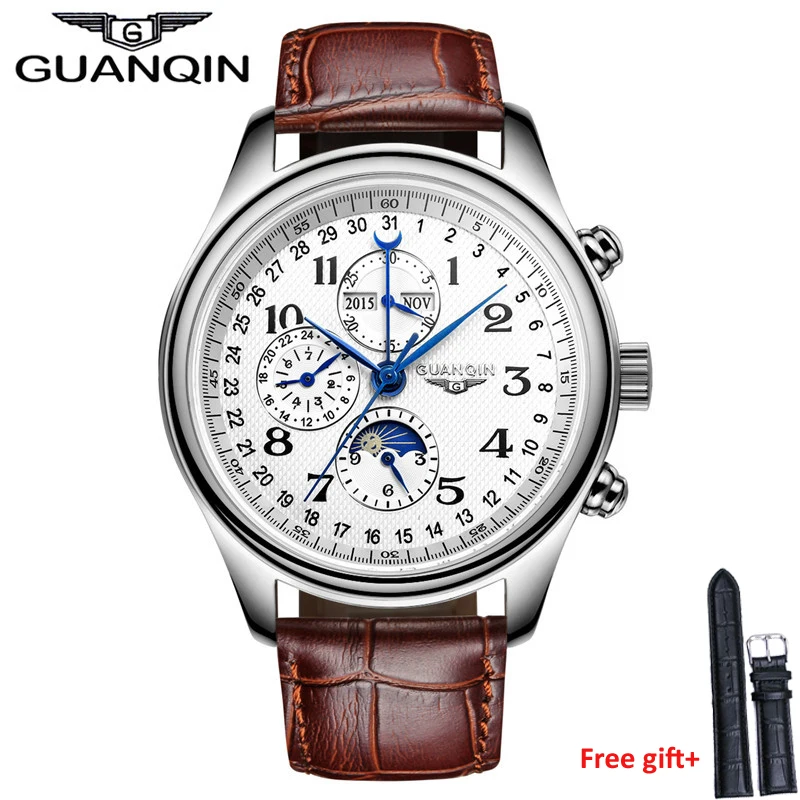 GUANQIN Brand Automatic Watches men Sapphire Mechanical Men Watch Waterproof Calendar Leather men Wristwatch otomatik erkek saat
