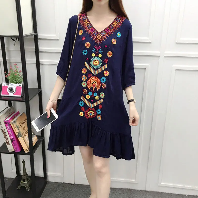 Большие размеры богемные платья с вышивкой 2017 шикарное хлопковое белье v