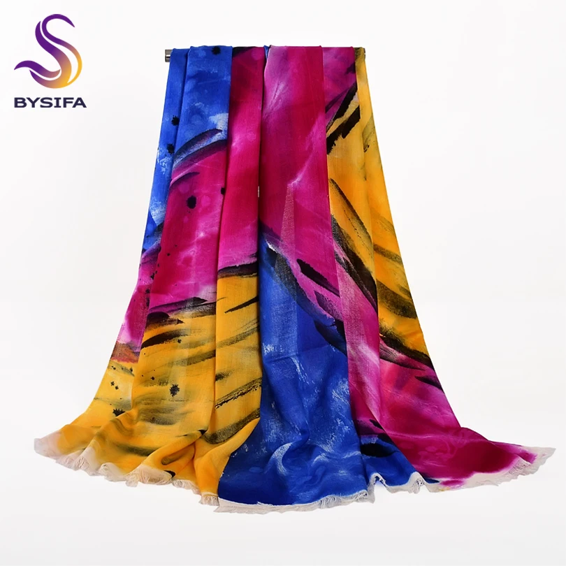 [BYSIFA] Зимние шерстяные шарфы обертывания женские длинные с ручной росписью в