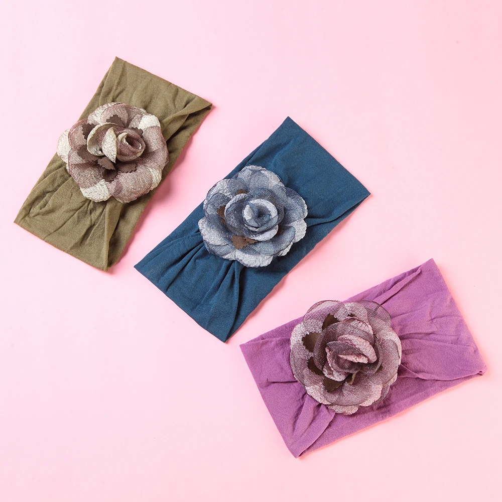 Diadema lisa de flores para beb&eacute;, bandas para la cabeza de nailon para ni&ntilde;a, turbante rosa para fiesta de reci&eacute;n nacido, accesorios para el cabello-5