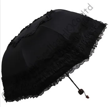 

UPF>50+ Arched women umbrellas,8 ribs,three fold black coating umbrellas,windproof,border lacing,l bag parasol,UV protecting