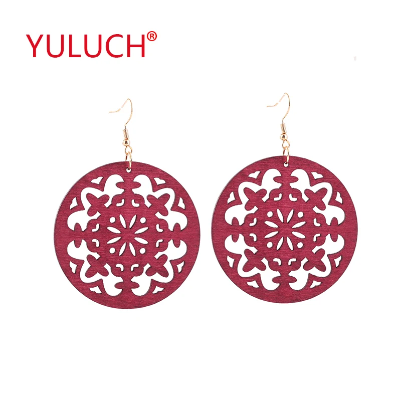 

YULUCH Vintage Wooden Round Hollow Out Snowflake Dangle Earrings Fashion Jewelry for African Woman Earrings Christmas Gifts
