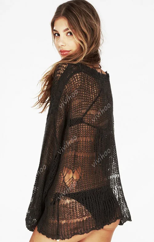 Fashion Girls Knitwear Crochet Heart-Shaped Hole Sweater Hollow Out Solid Thin Pullovers Cover Up Beach O-neck Loose | Женская одежда