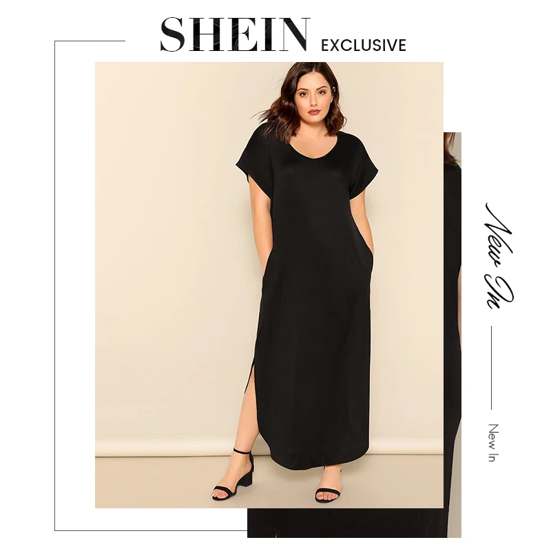 SHEIN, платье макси размера плюс, черное, с косым карманом, M-Slit Hem,, женское летнее Повседневное платье с карманами и v-образным вырезом, с коротким рукавом, однотонное, длинное, Dreeses