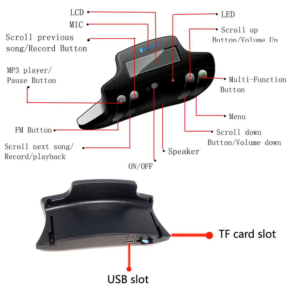 Руль Bluetooth гарнитура для авто тонкий громкой связи TF карты ЖК-дисплей Дисплей имя