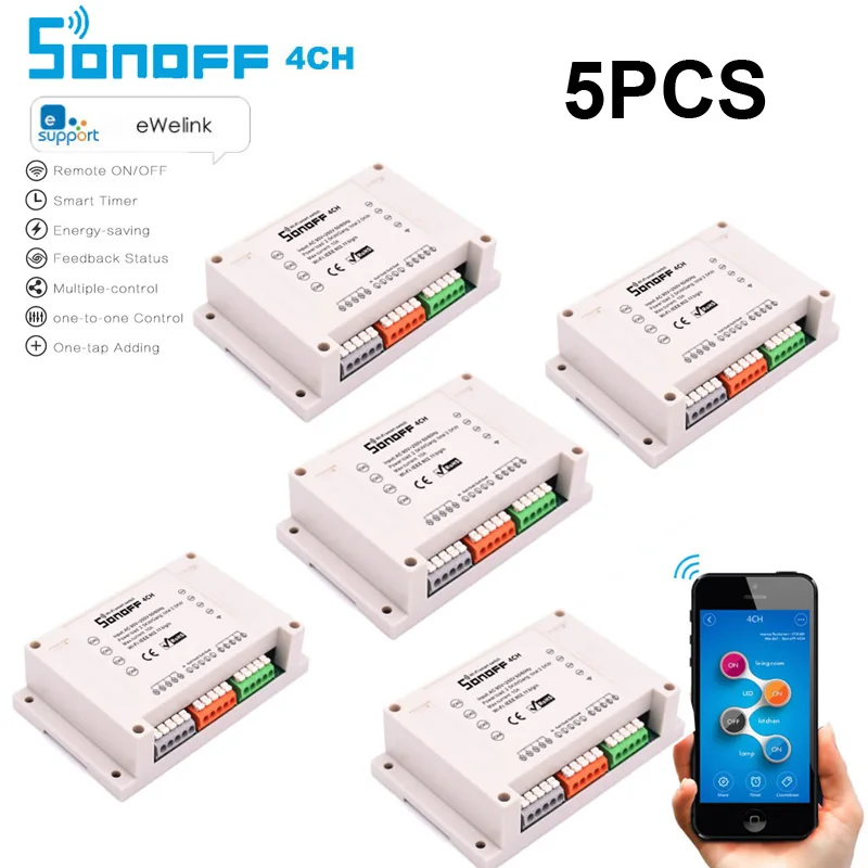 5 шт./лот sonoff 4CH 4 Gang беспроводной коммутаторы Din din рейку Смарт WI FI переключатель