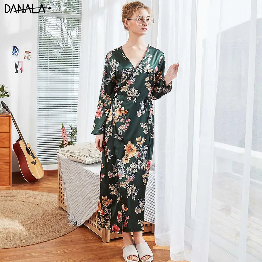DANALA Женское ночное белье халаты кимоно осень длинный рукав цветочный принт