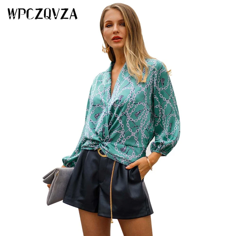 WPCZQVZA Unique Design V-Neck Women Blouse Shirt Comfortable Solid Color Elegant Pullover Fashion Printing Chain Woman Tops |