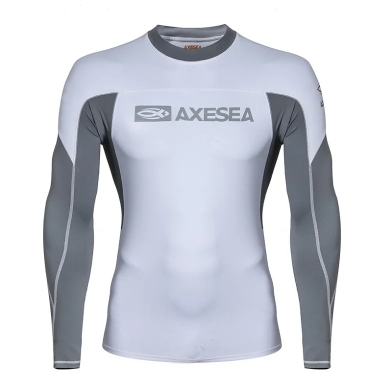 White AXESEA Men Rash Guard Patchwork Swimwear Long Sleeve Rashguard Sun Protection Swimsuit Surfing Shirt Top UPF50+ Sport Beachwear - Цвет: White