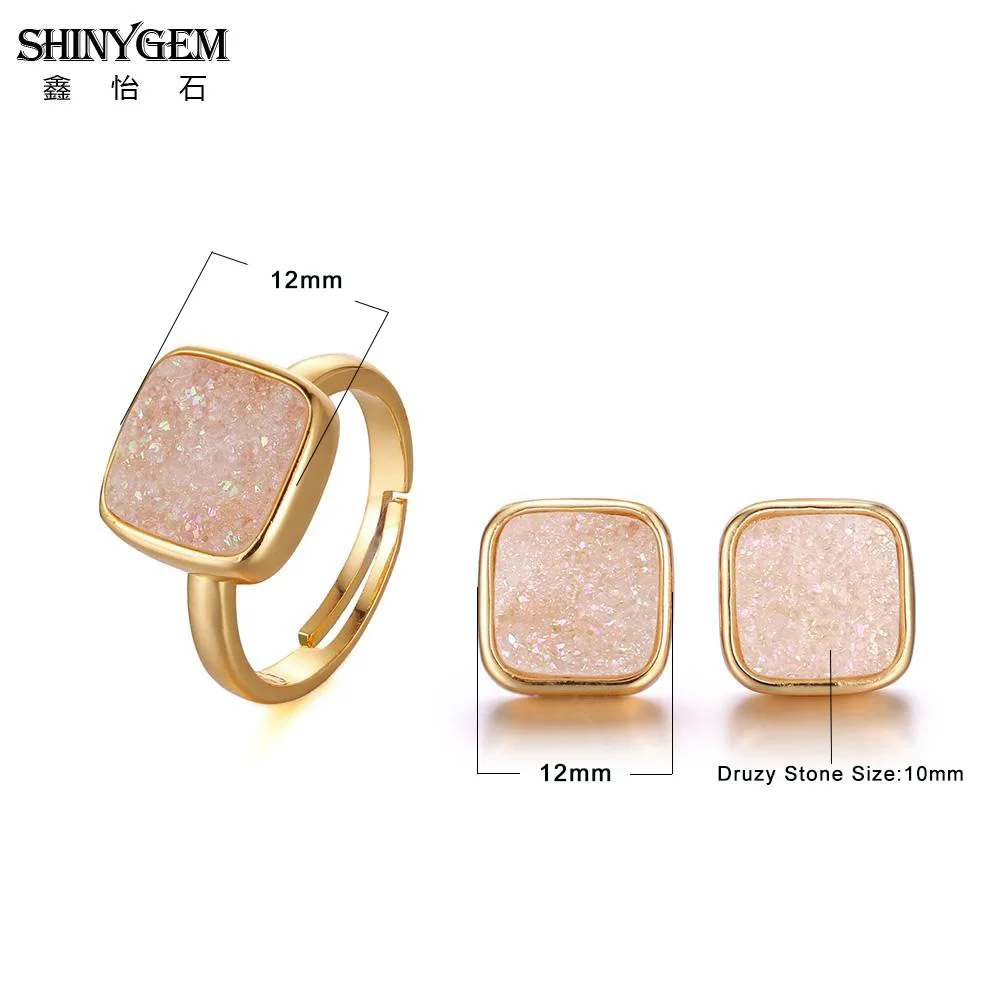 Серьги гвоздики с натуральным кристаллом ShinyGem Square регулируемые кольца