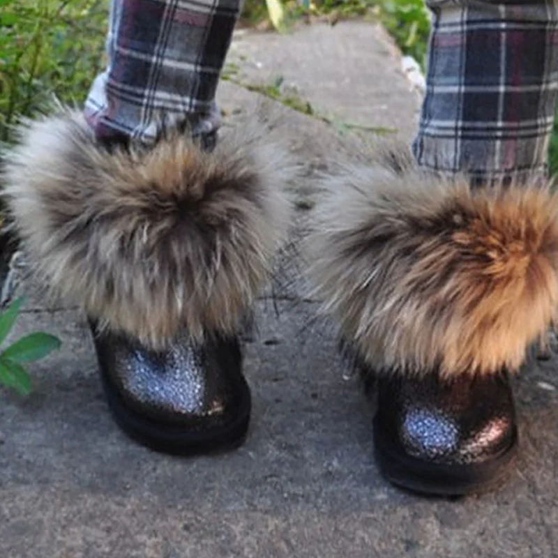 JOYHOPY Genuine leather Children Shoes Big fur Thick Warm Baby Girls Boys Snow Boots Winter Kids | Детская одежда и обувь