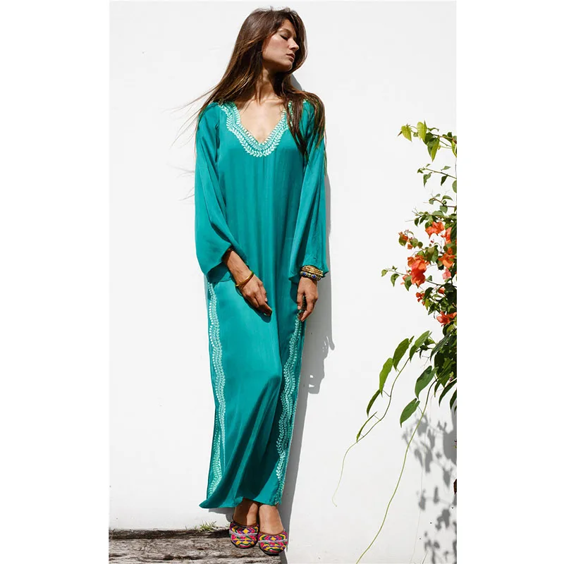 Casual Female Dresses Embroidered Split fork Loose Maxi For Women Beach Wear large size blouse Dress Beachwear Kaftans | Женская одежда