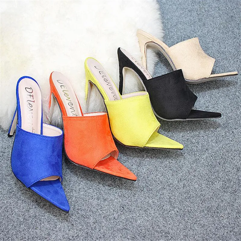 

2019 European Station Sandals Candy Color Luxury Rabbit Fur High Heel Sandals Slippers Large Women Shoes Size 35-43