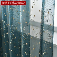 luxury embroidered leaves tulle organza sheer curtain for window organza cheap curtains for living room door curtain solid blue