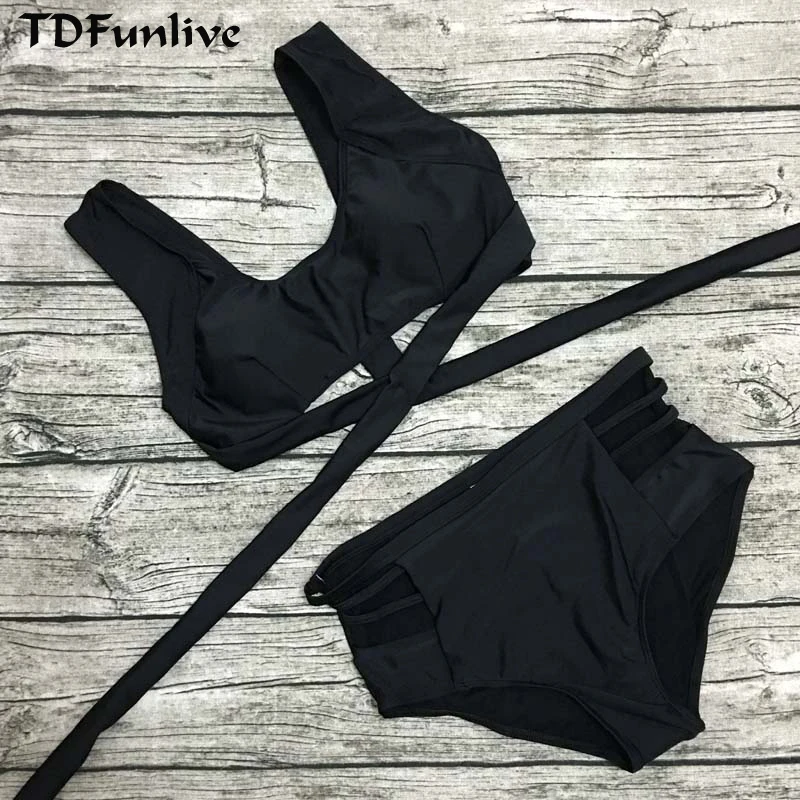 TDFunlive S-XXL Plus size swimwear for curvy women Black criss cross wrap top bikini High waist swimsuit extra large bathingsuit |
