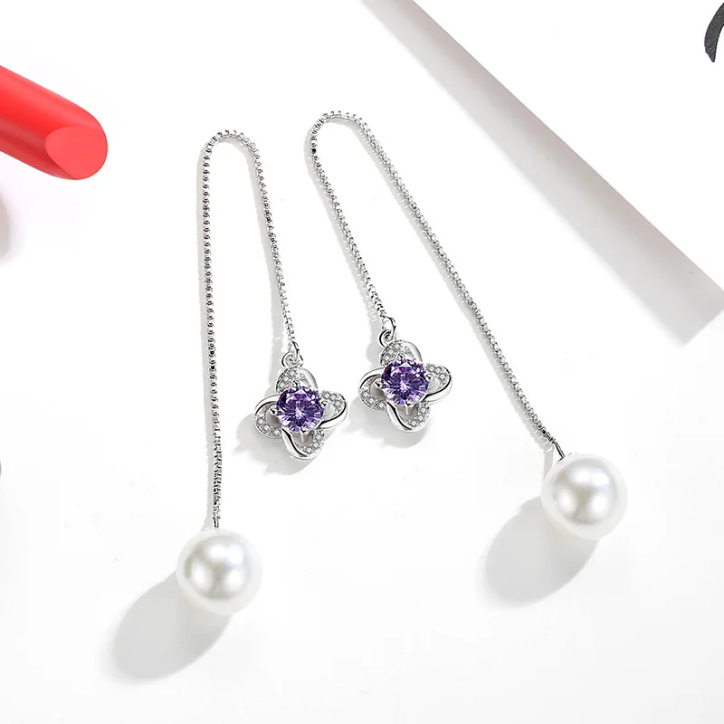 

100% 925 sterling silver shiny crystal lucky flower ladies`long stud earrings women jewelry wedding gift wholesale drop ship
