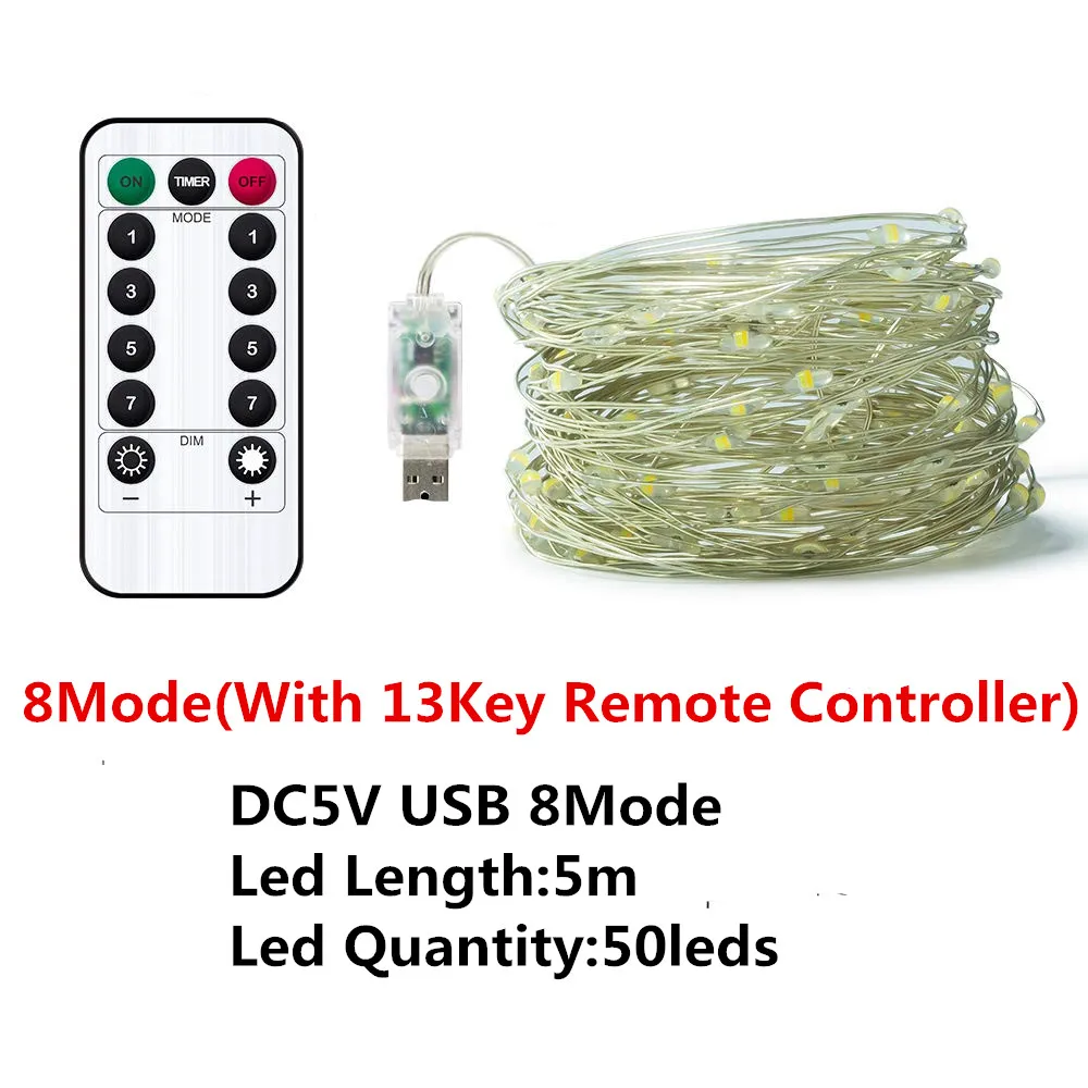 8Mode5m(with 13key) USB 8 Modes 10M 100 LED String Light Christmas Waterproof Copper Wire LED String Fairy Light Battery Powered Remote Control - Испускаемый цвет: 8Mode5m(with 13key)