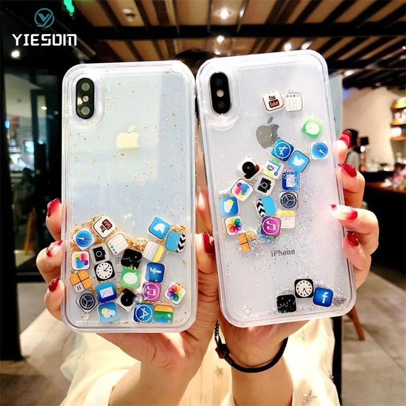 Жидкий блеск зыбучий песок чехол для iPhone X XR XS Max Fundas приложения значок жесткий