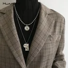 Винтажная подвеска HUANZHI в стиле хип-хоп для женщин и мужчин, длинная цепочка с квадратными и круглыми буквами в стиле панк, вечерняя бижутерия, Подарочная бижутерия