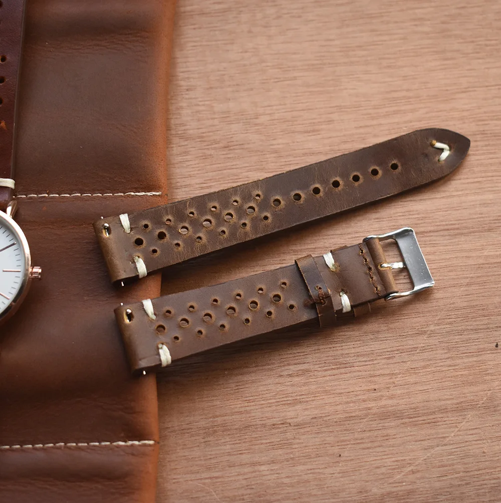 Hand Made Retro Leather Watch Band Hand-Stitched Perforated Suede Calfskin Watch Strap Bracelet 18mm 20mm 22mm