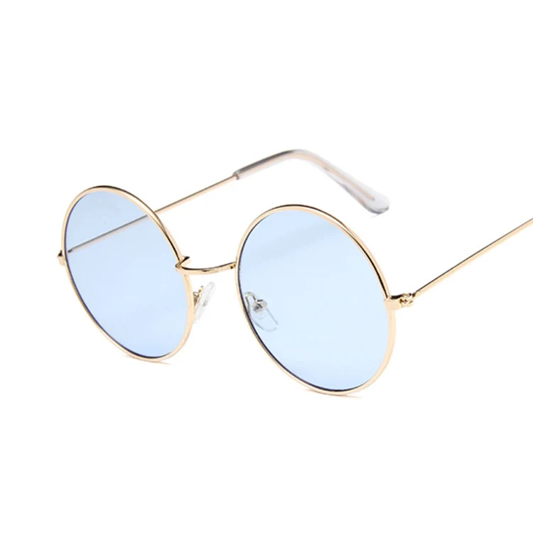 GoldBlue Круглые маленькие солнцезащитные очки для женщин, фирменный дизайн, винтажные металлические недорогие солнцезащитные очки для женщин, высококачественные очки в стиле ретро, круглые очки - Цвет линз: GoldBlue