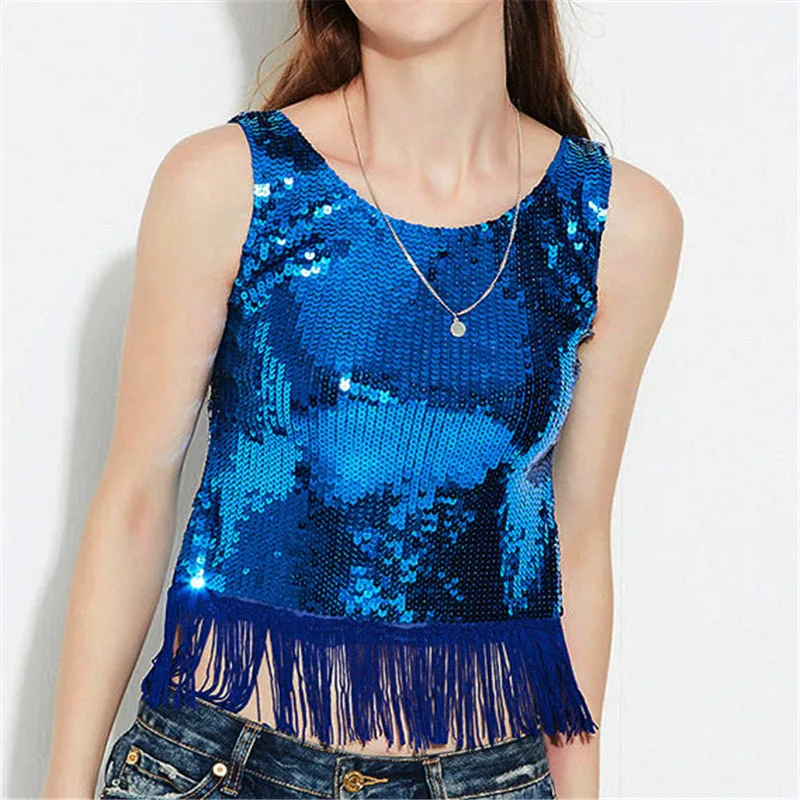Сексуальный блестящий топ на бретелях с круглым вырезом и кисточками летний