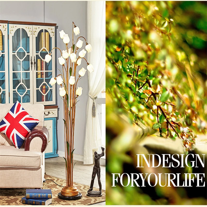 Напольная Лампа FUMAT в ретро стиле стеклянная с декоративными цветами стоящая