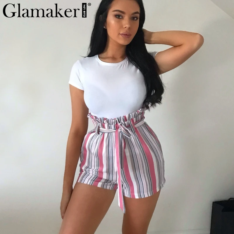 Женские шорты с высокой талией Glamaker свободные весенние в полоску оборками и
