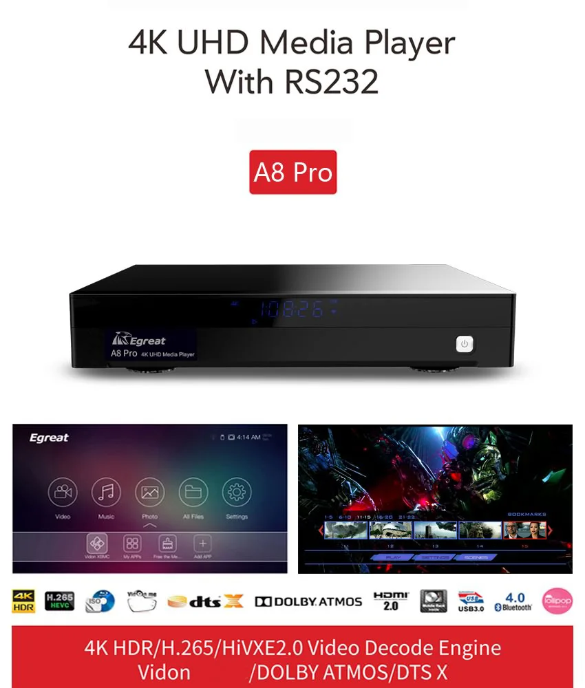 Egreat A8 Pro UHD медиаплеер 2 ГБ 8 ГБ 3D 4 к Bluetooth Android Smart tv Box Поддержка HDD SATA USB3.0 Dolby Ture-HD DTS-HD DTS: X