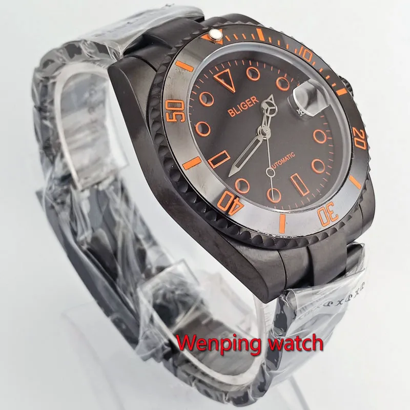 40mm BLIGER NEW PVD black Ceramic Bezel with red blue orange sapphire glass dial automatic Date MEN WRIST WATCHES W2728 | Наручные часы