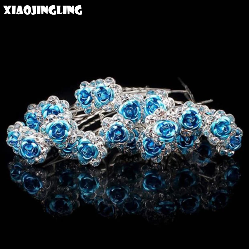 XIAOJINGLING 6 шт./компл. Роскошные модные голубые цветы украшения для волос кристалл