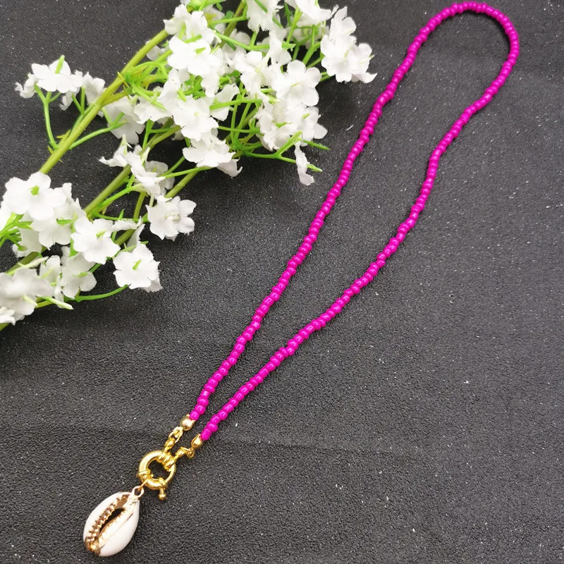 Rose red JCYMONG 17 Color Bead Choker Necklace For Women Bohemian Shell Cowrie Pendant Necklace Female Fashion Beach Collier Jewelry - Окраска металла: Rose red